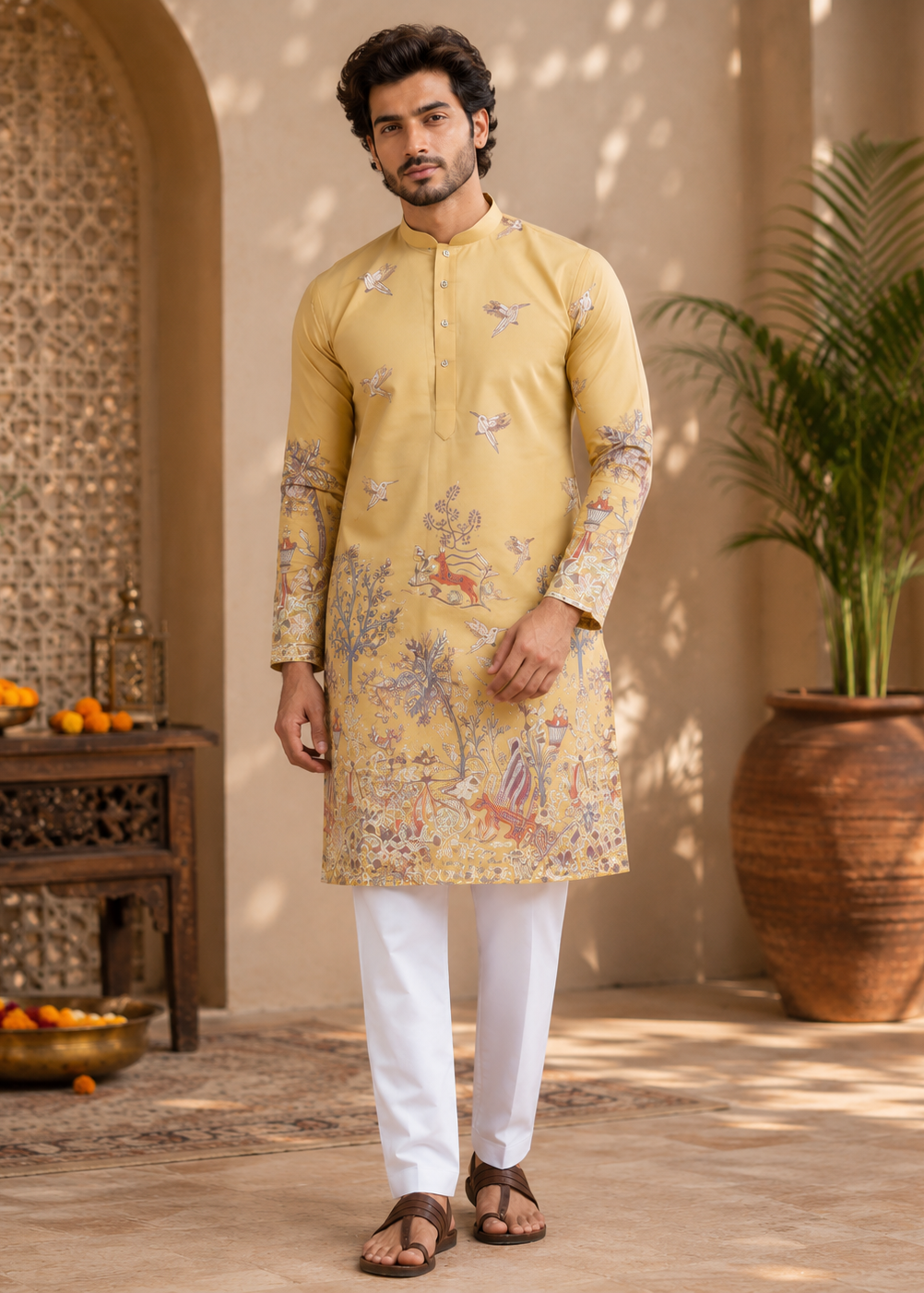 Men Mustard Heritage Embroidered Kurta Trouser Set