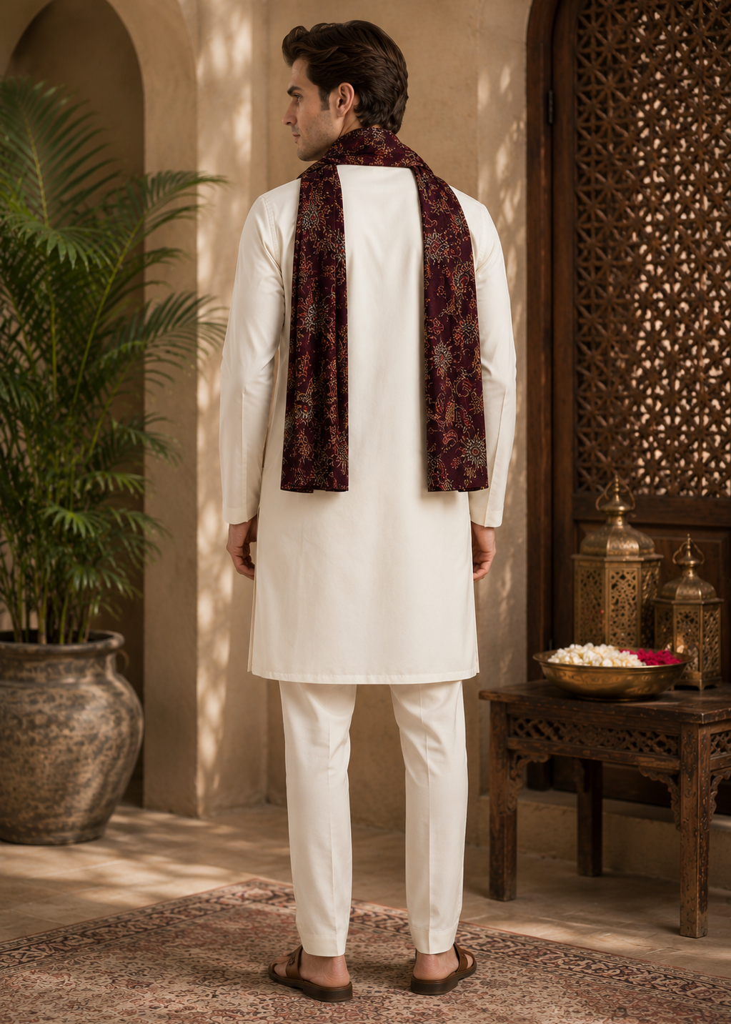 Man wearing a white kurta with a patterned shawl in an indoor setting with decorative elements.