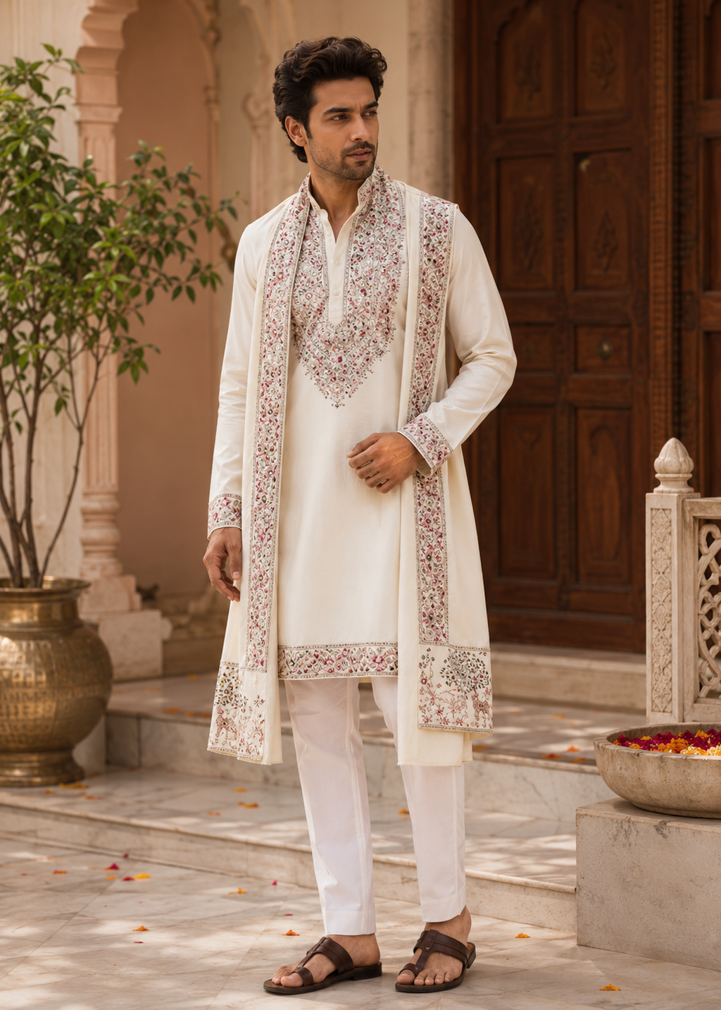 Men Classic Ivory Kurta Trouser Set with Dupatta