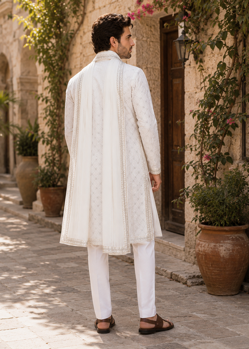 Designer Embroidered Ivory Kurta Pajama Set