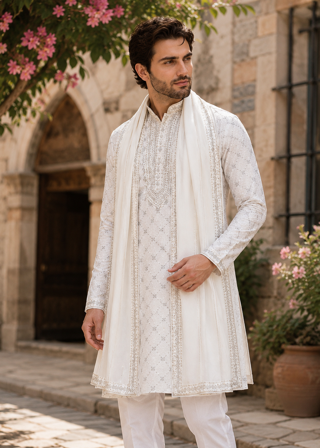 Designer Embroidered Ivory Kurta Pajama Set