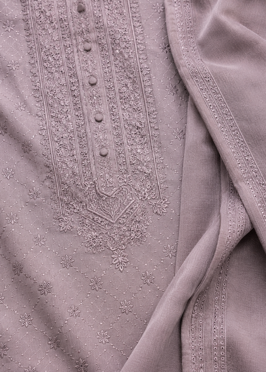 Men Dusty Mauve Embroidered Kurta Trouser with Dupatta Set