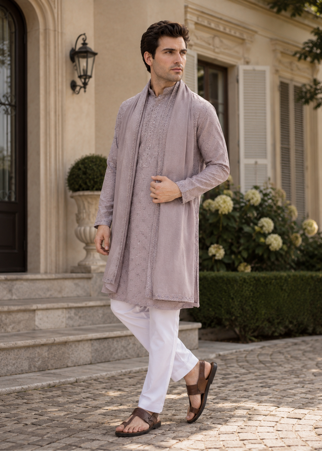 Men Dusty Mauve Embroidered Kurta Trouser with Dupatta Set