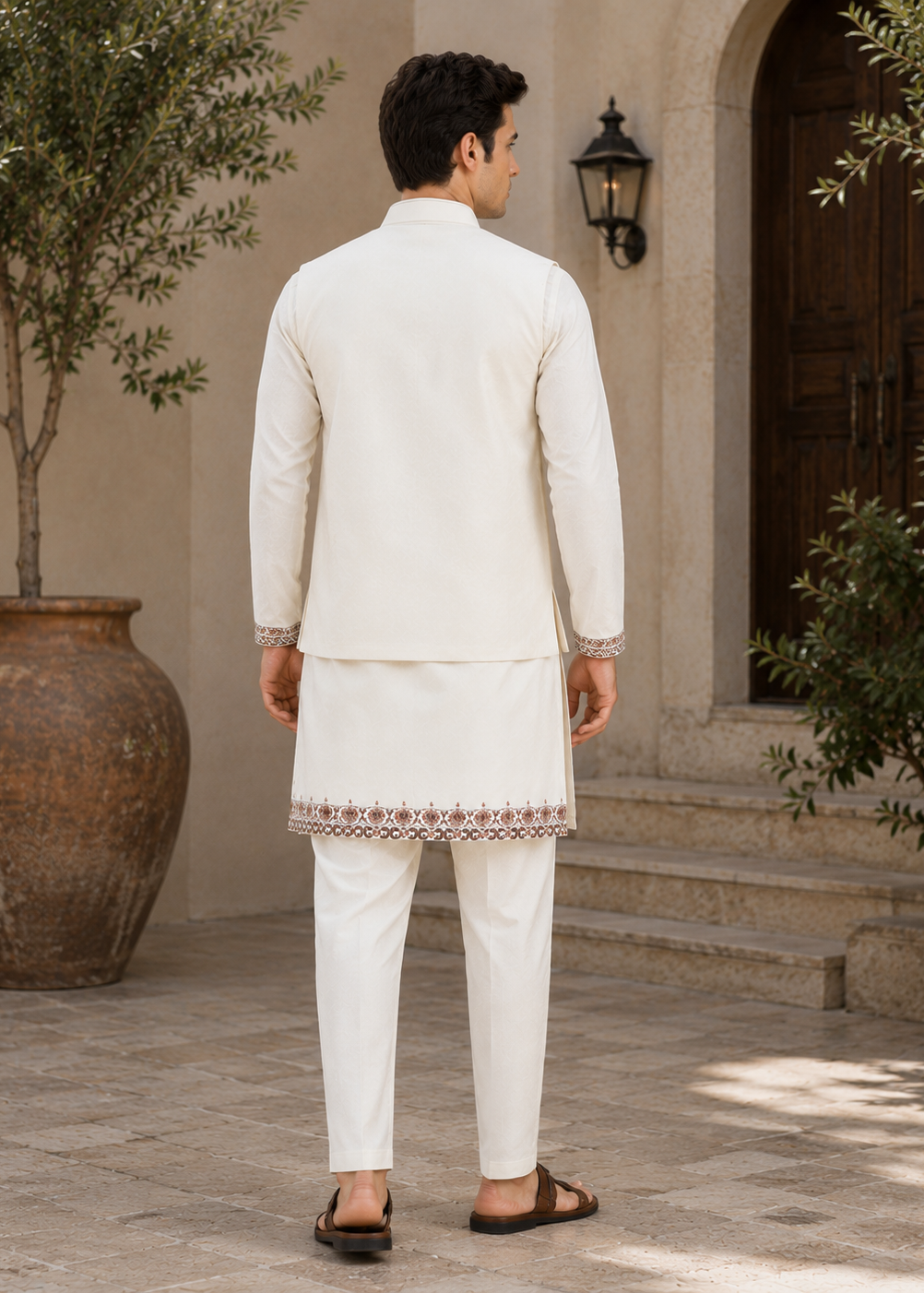 Off White Embroidered Jacket Kurta Trouser Set