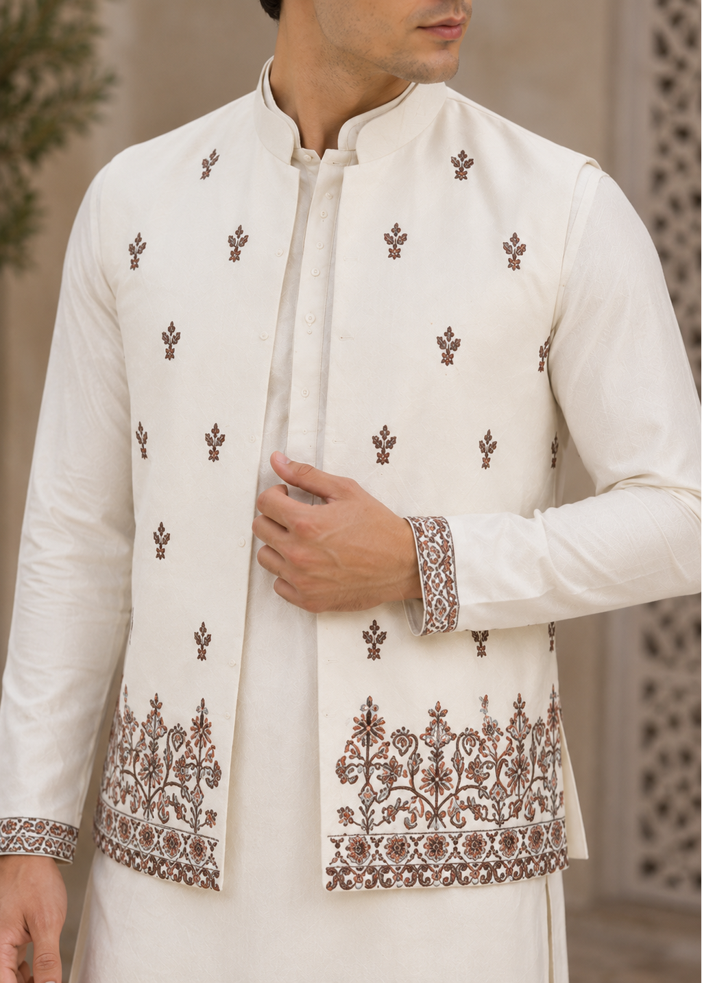 White embroidered traditional outfit with intricate patterns on a neutral background