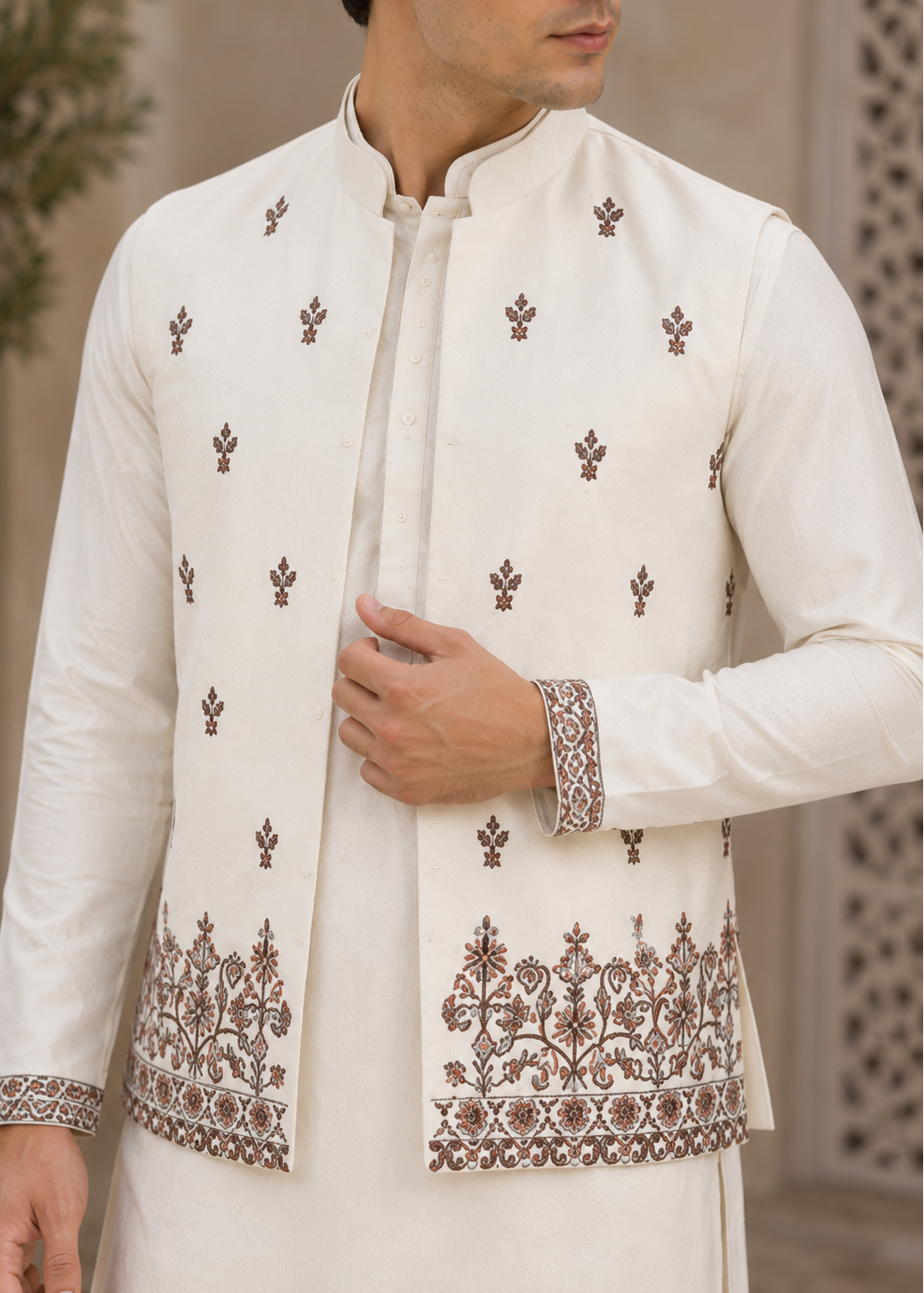 White embroidered traditional outfit with intricate patterns on a neutral background