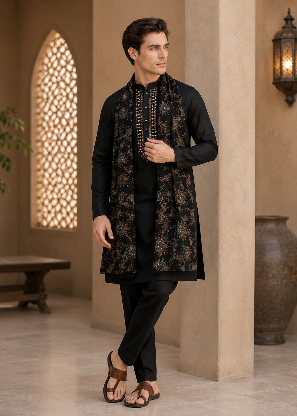 Man wearing a black kurta with a patterned shawl in an indoor setting.