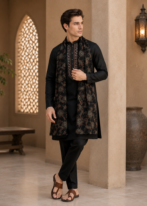 Man wearing a black kurta with a patterned shawl in an indoor setting.