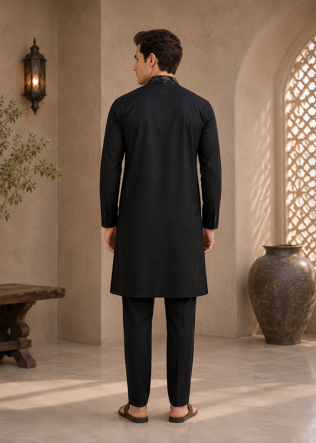 Black Cotton Blend Embellished Kurta Trouser Set With Dupatta