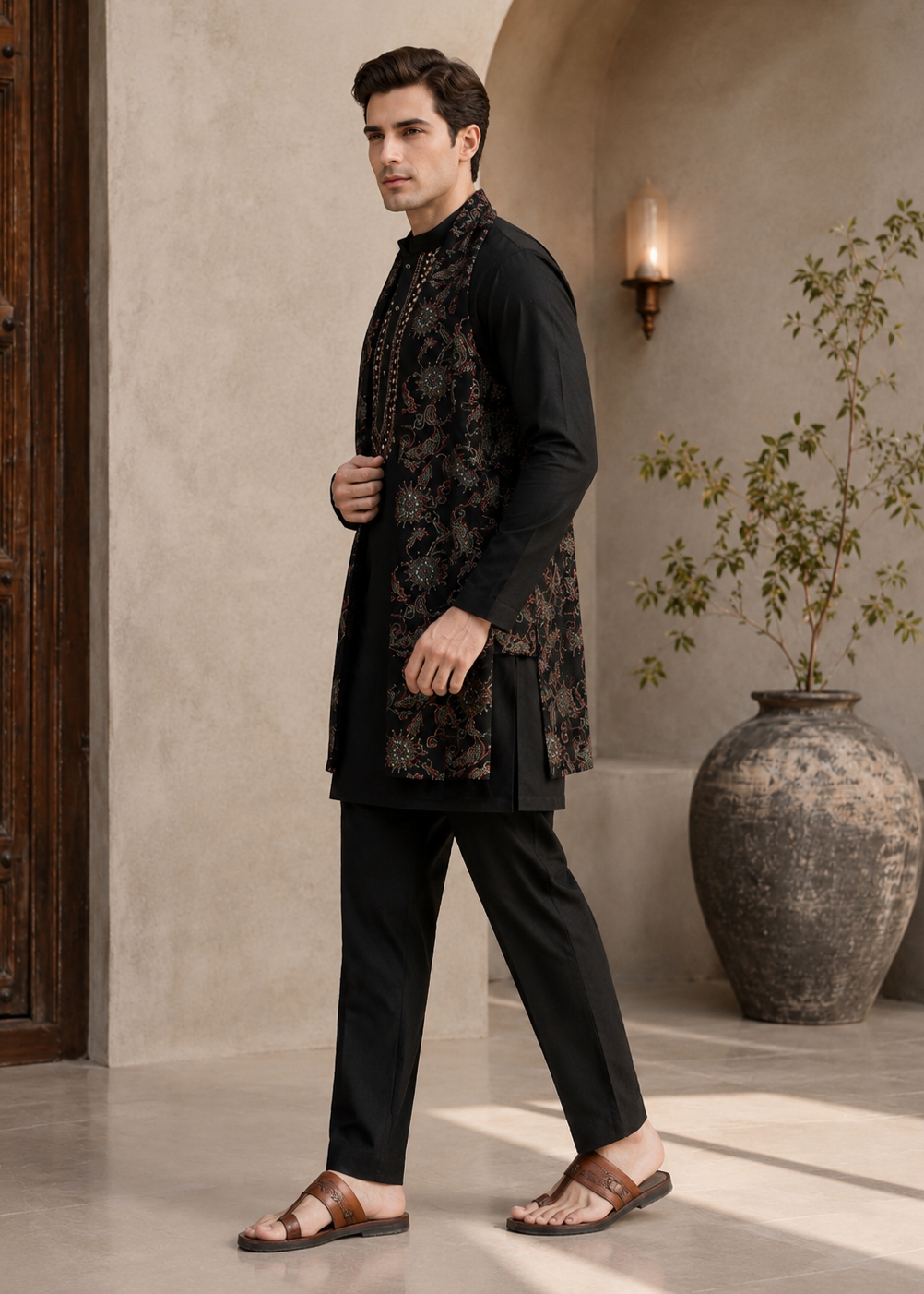 Black Cotton Blend Embellished Kurta Trouser Set With Dupatta