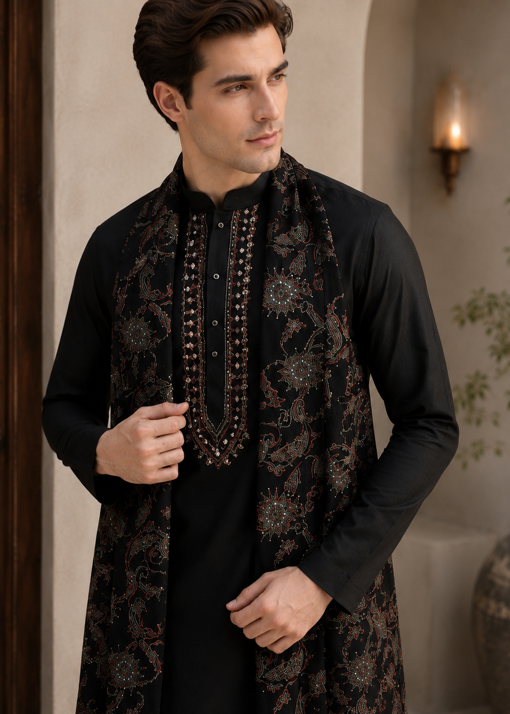 Man wearing a black kurta with a patterned shawl in an indoor setting