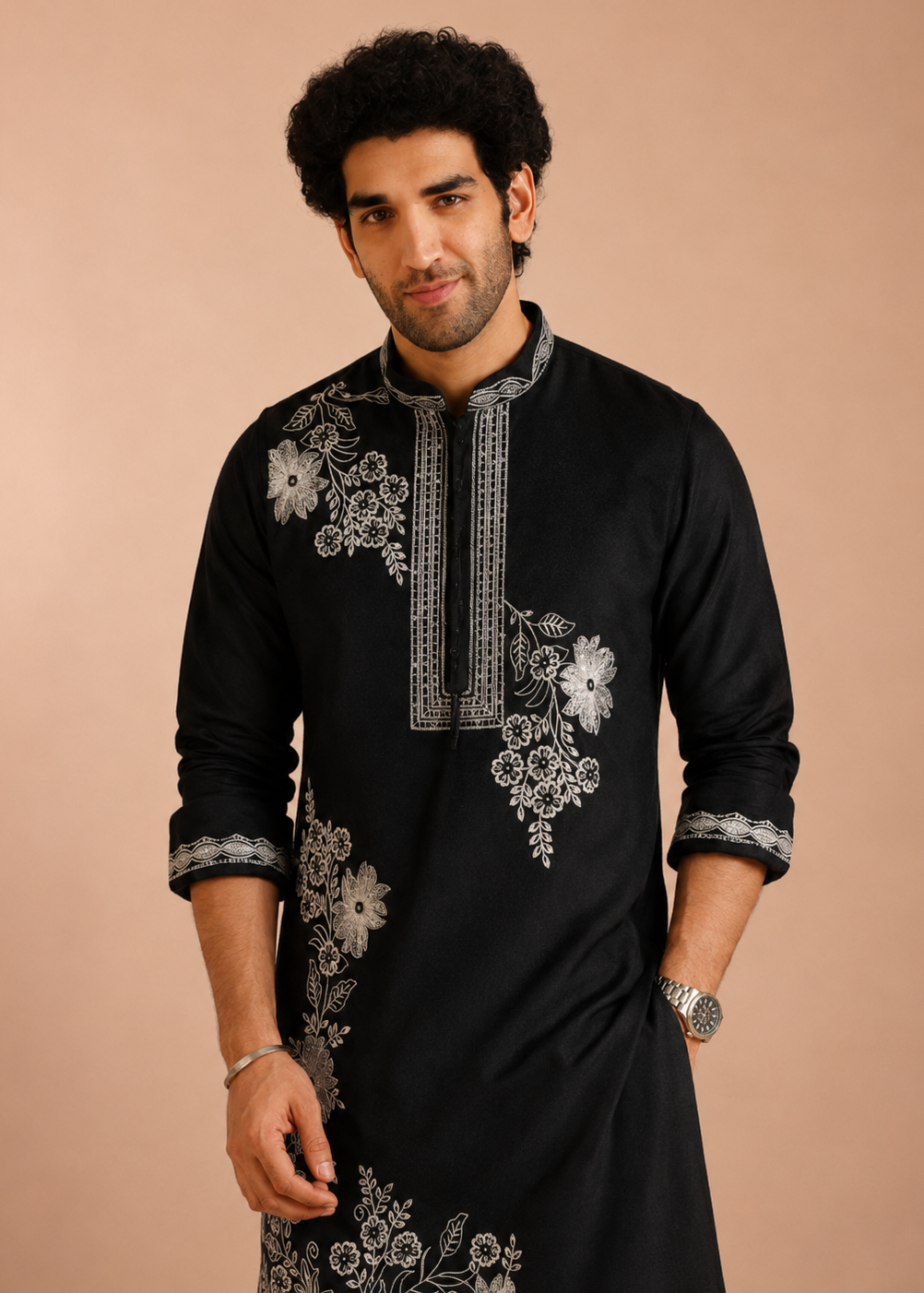 Black Floral Embroidered Kurta Set