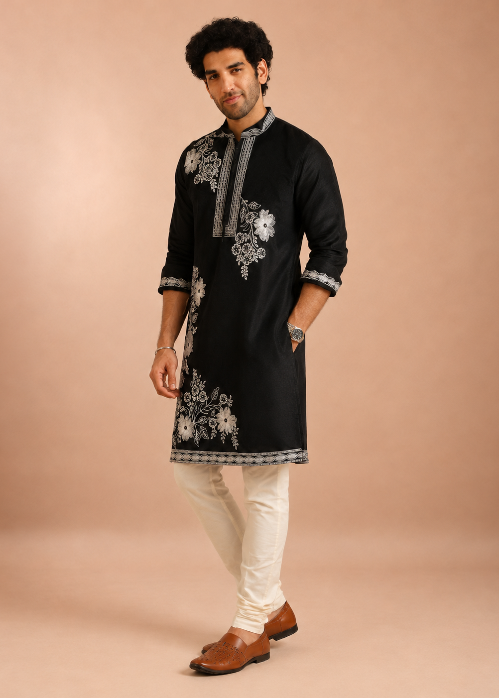 Black Floral Embroidered Kurta Set