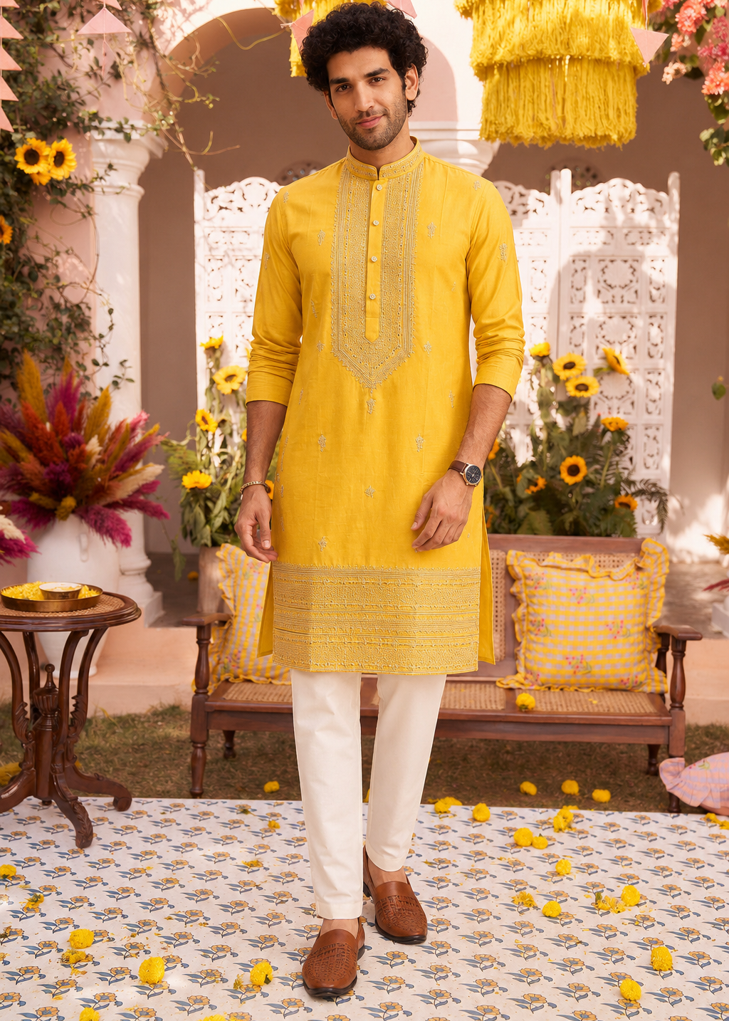Yellow Embellished Kurta Trouser Set