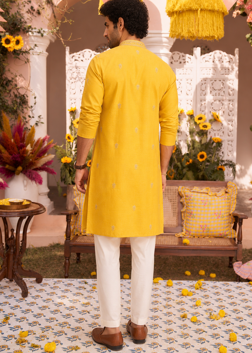 Yellow Embellished Kurta Trouser Set