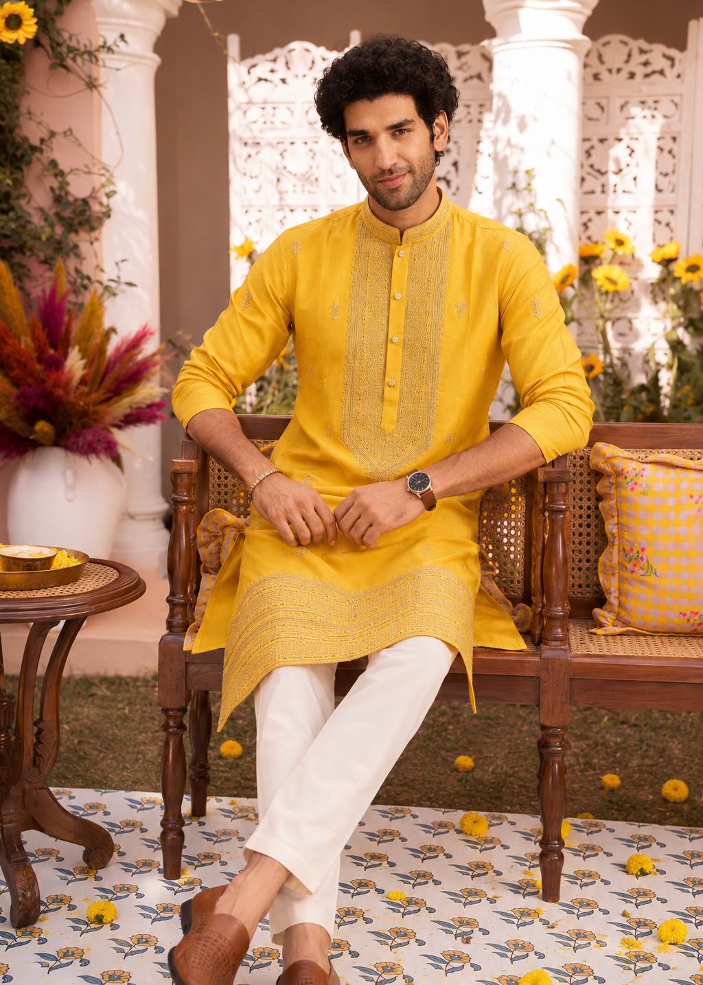 Yellow Embellished Kurta Trouser Set