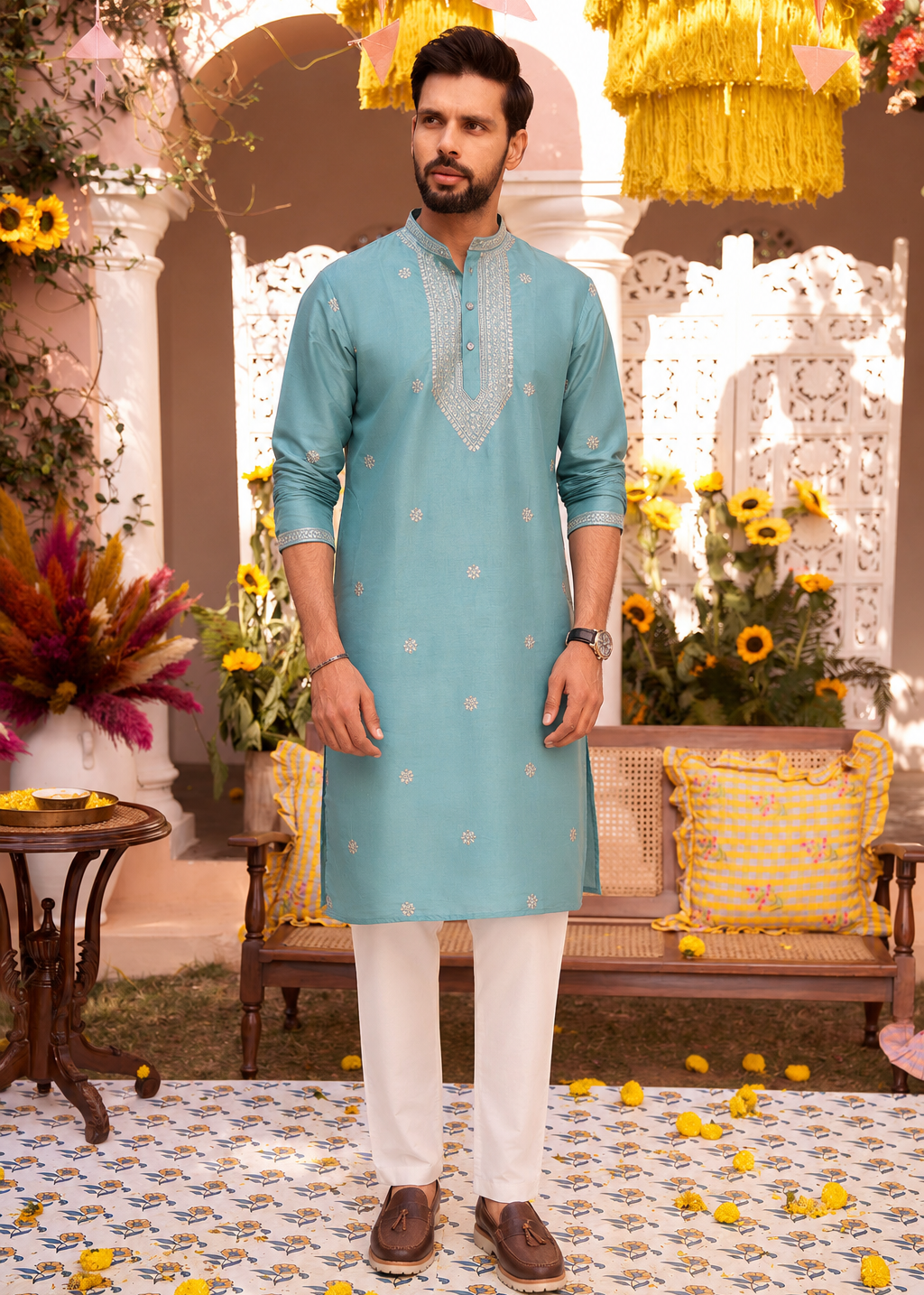 Sky Blue Embroidered Kurta Pajama Set