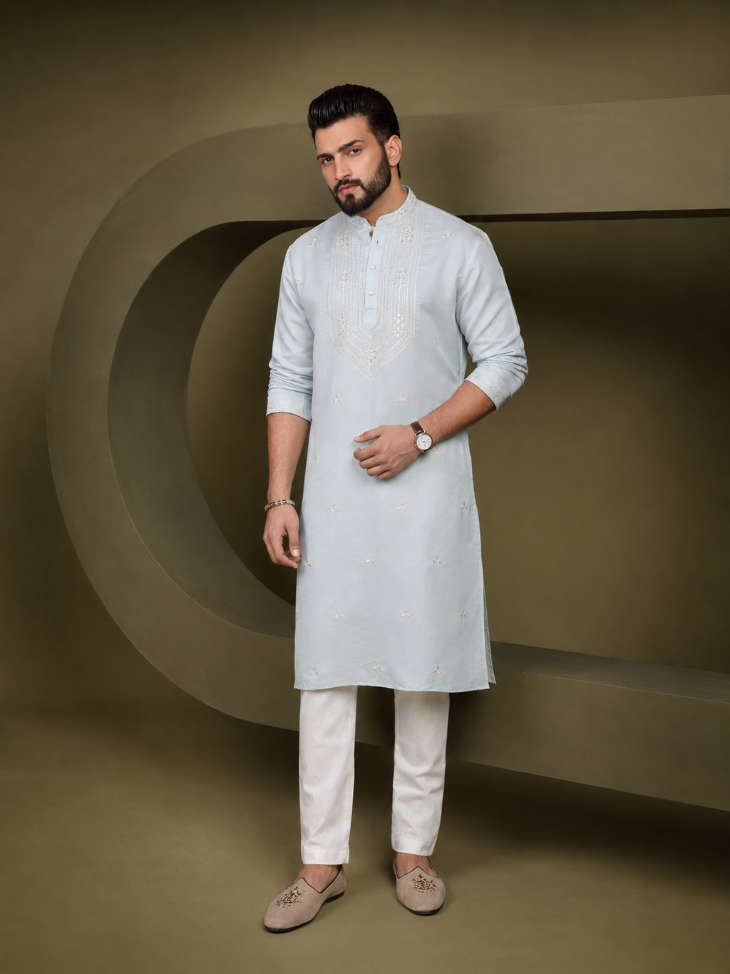 Men Serene Blue Kurta Trouser Set