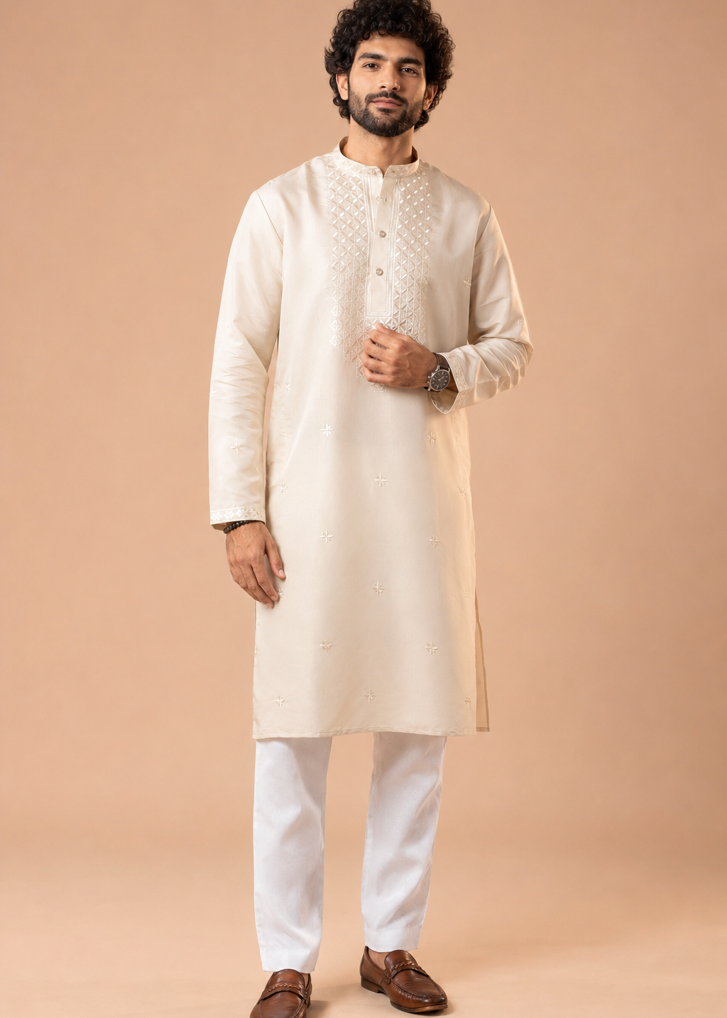 Cream Silk Blend Kurta Set with Intricate Woven Detailing and Matching Trousers Set