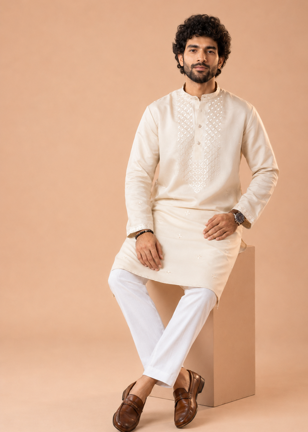 Cream Silk Blend Kurta Set with Intricate Woven Detailing and Matching Trousers Set