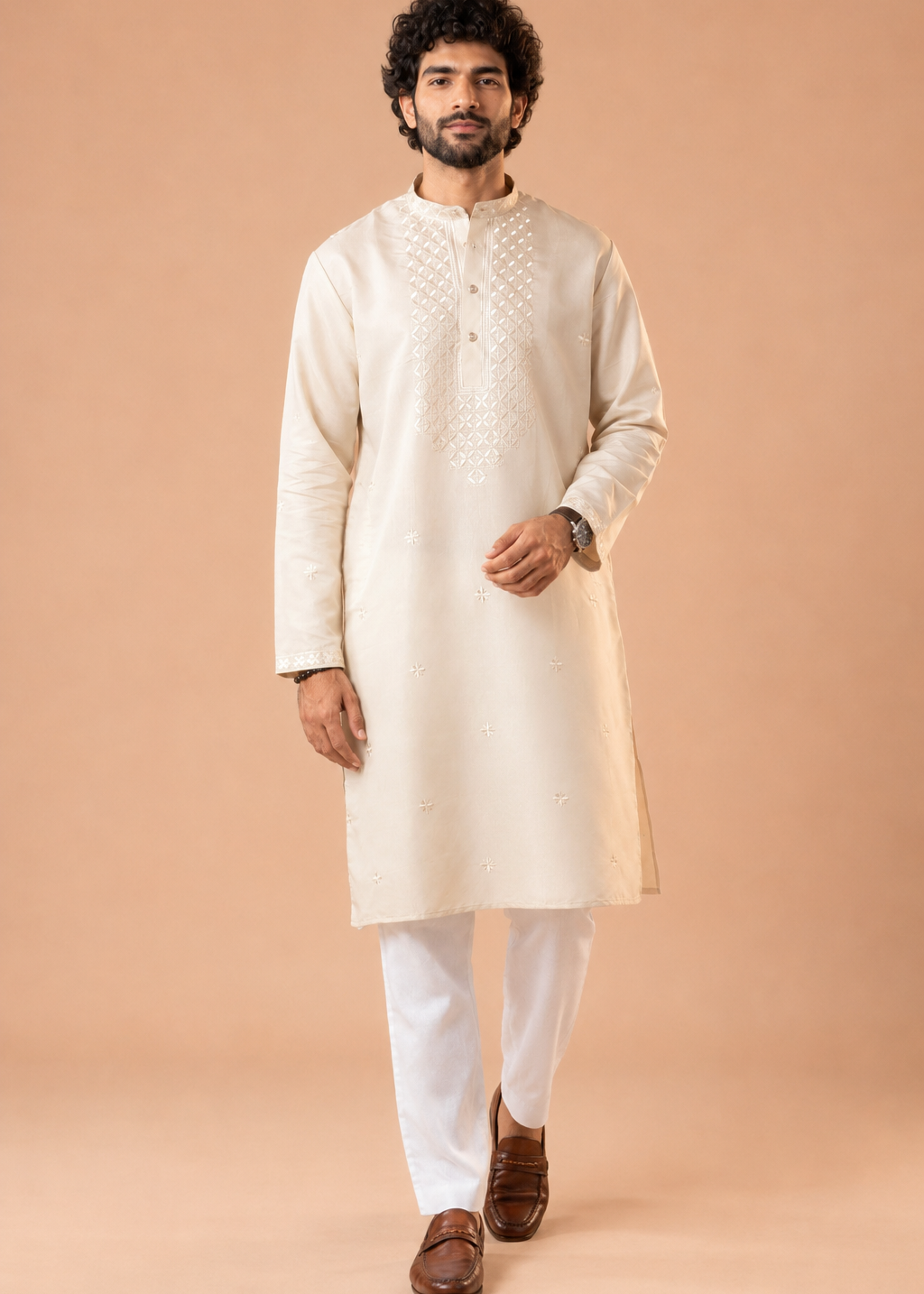 Cream Silk Blend Kurta Set with Intricate Woven Detailing and Matching Trousers Set