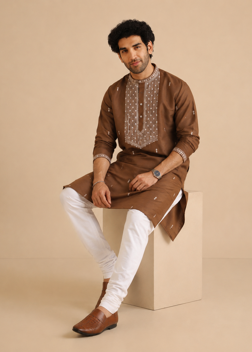 Dark Brown Embroidery and Sequence Kurta Trouser Set