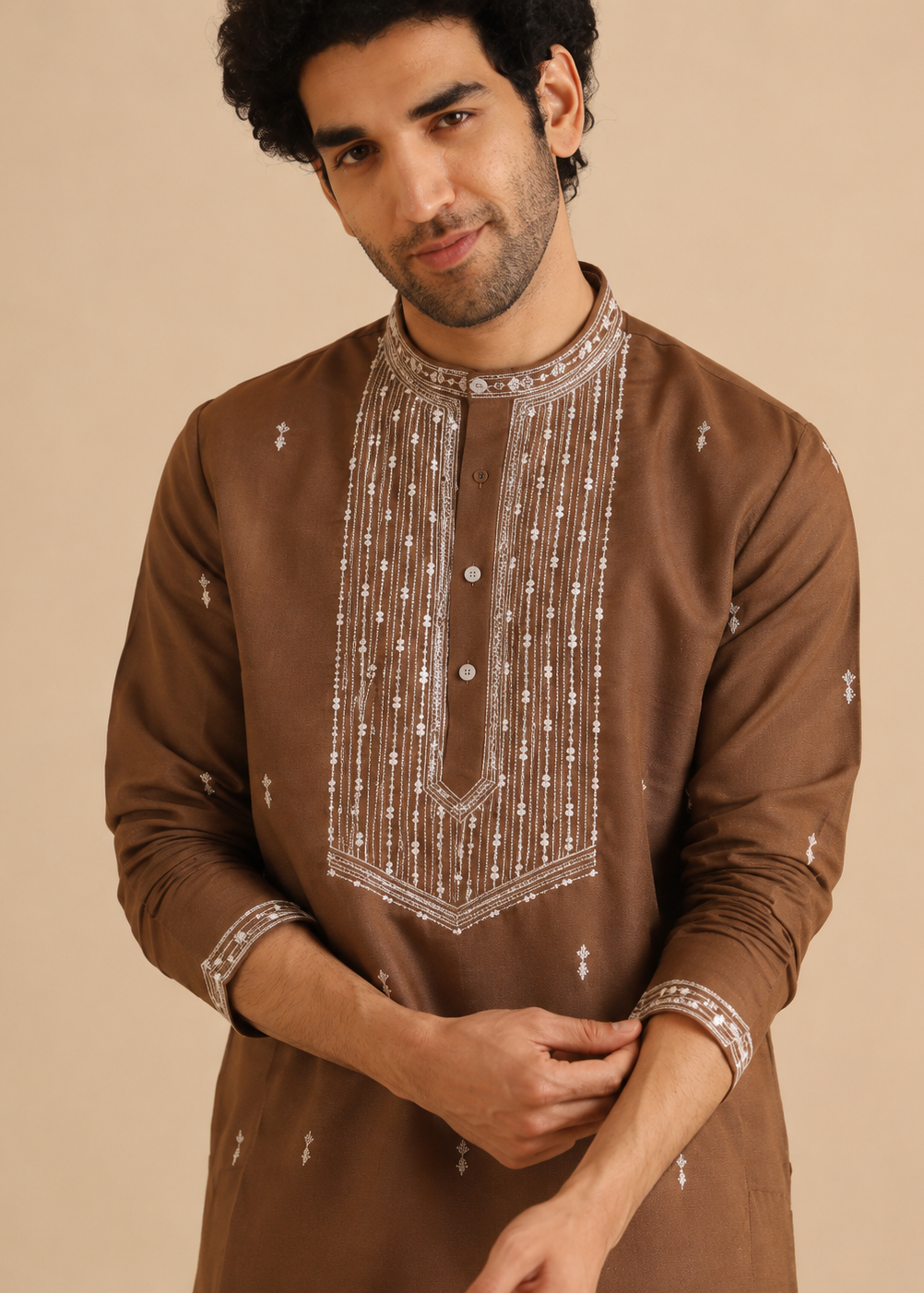 Dark Brown Embroidery and Sequence Kurta Trouser Set