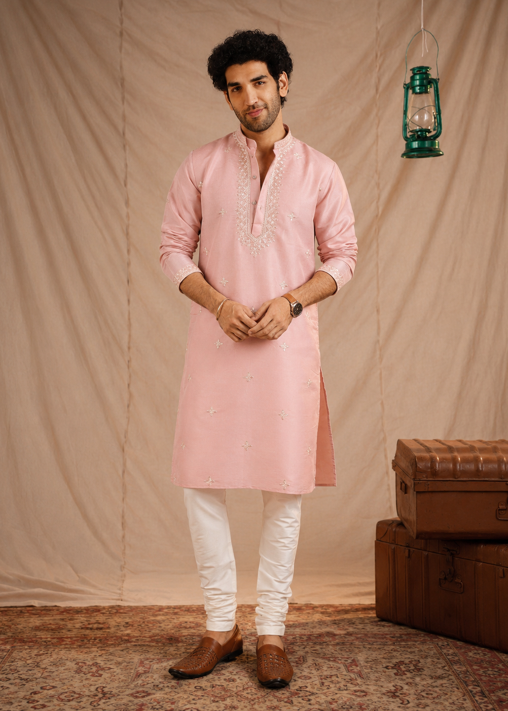 Light Pink Cotton Silk Kurta Trouser Set