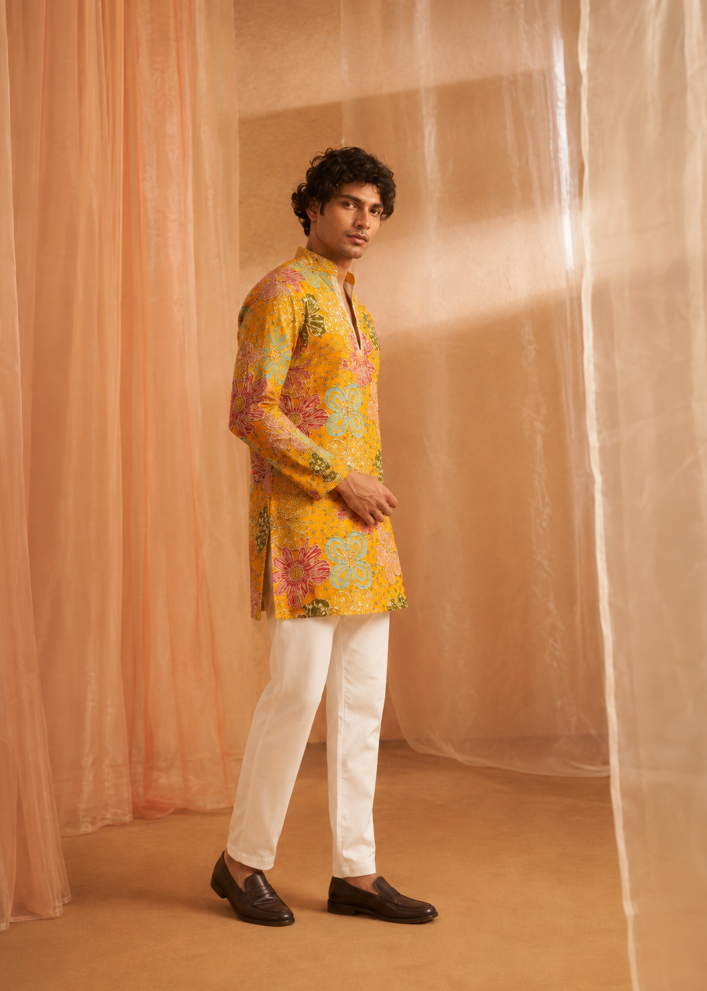 Men Yellow Floral Kurta Trouser Set