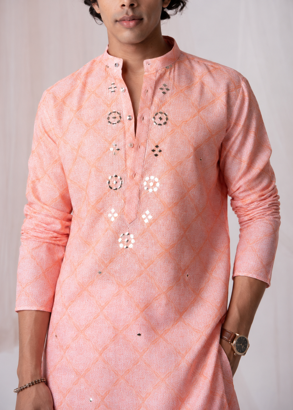 Peach Mirrorwork Embroidered Kurta Set