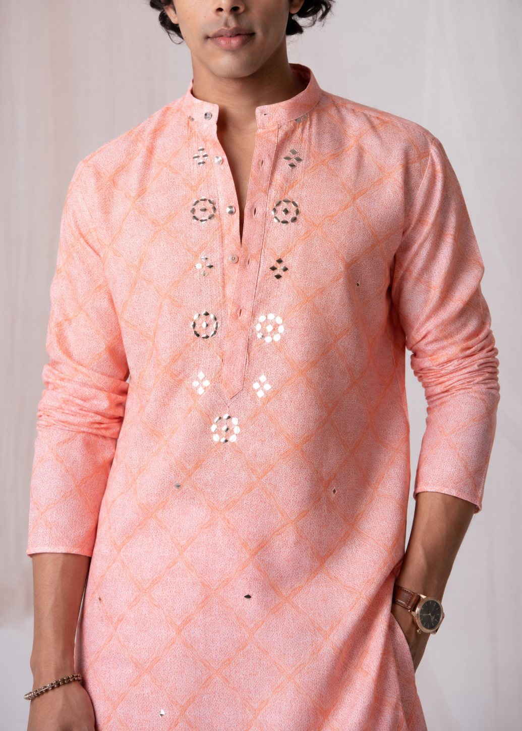 Peach Mirrorwork Embroidered Kurta Set