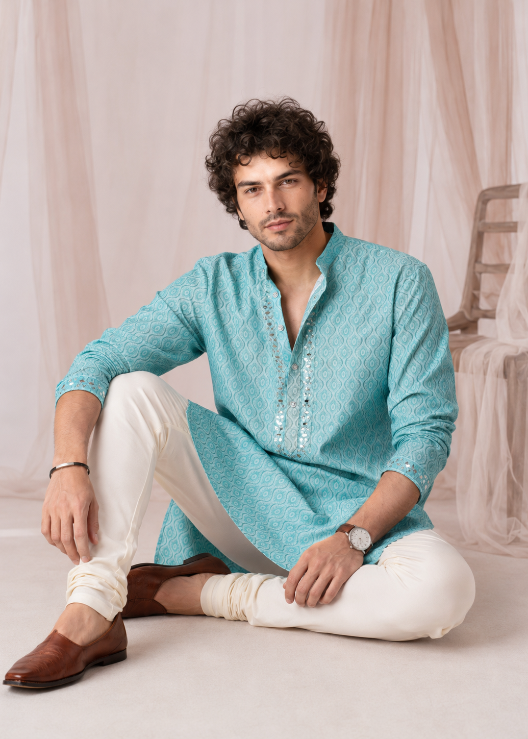 Seafoam Mirrorwork Festive Kurta Trouser Set