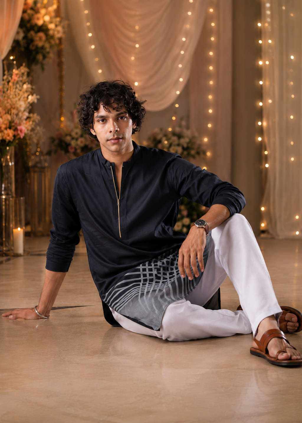 Men Midnight Grid Ombre Kurta Trouser Set