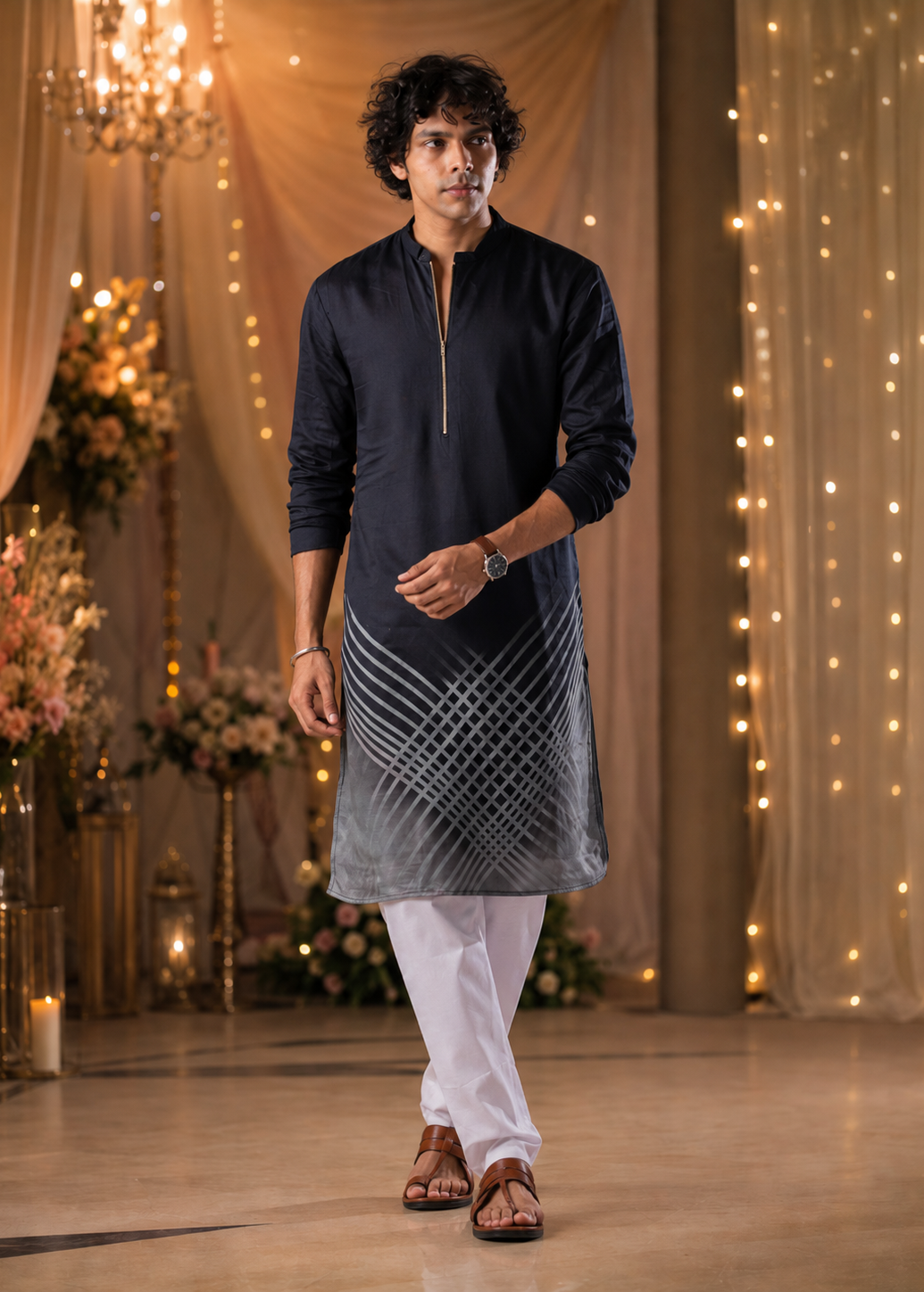Men Midnight Grid Ombre Kurta Trouser Set