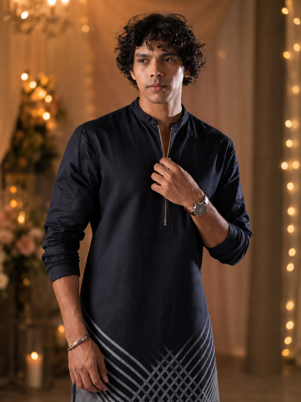 Men Midnight Grid Ombre Kurta Trouser Set
