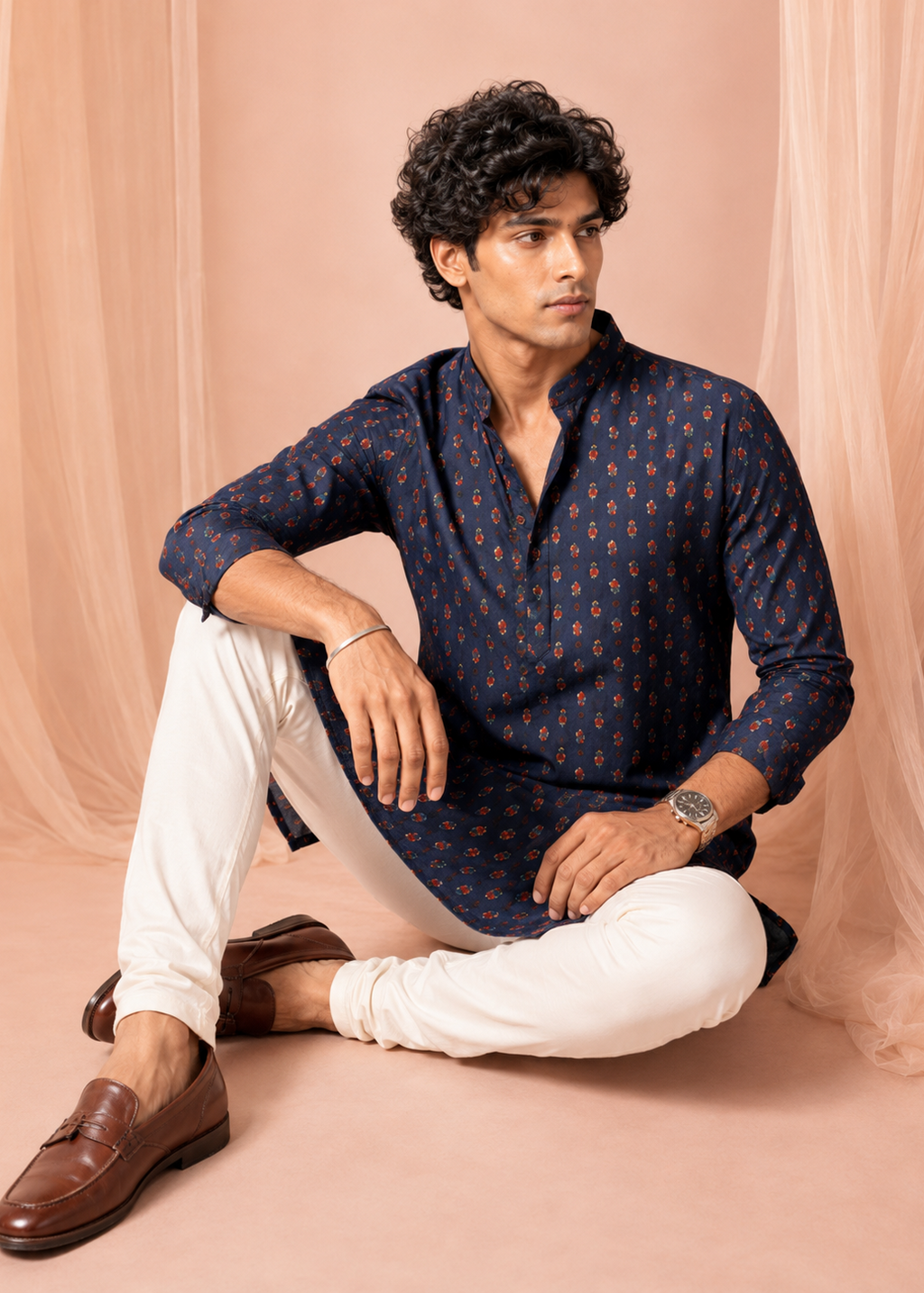 Navy Buti Printed Kurta Trouser Set