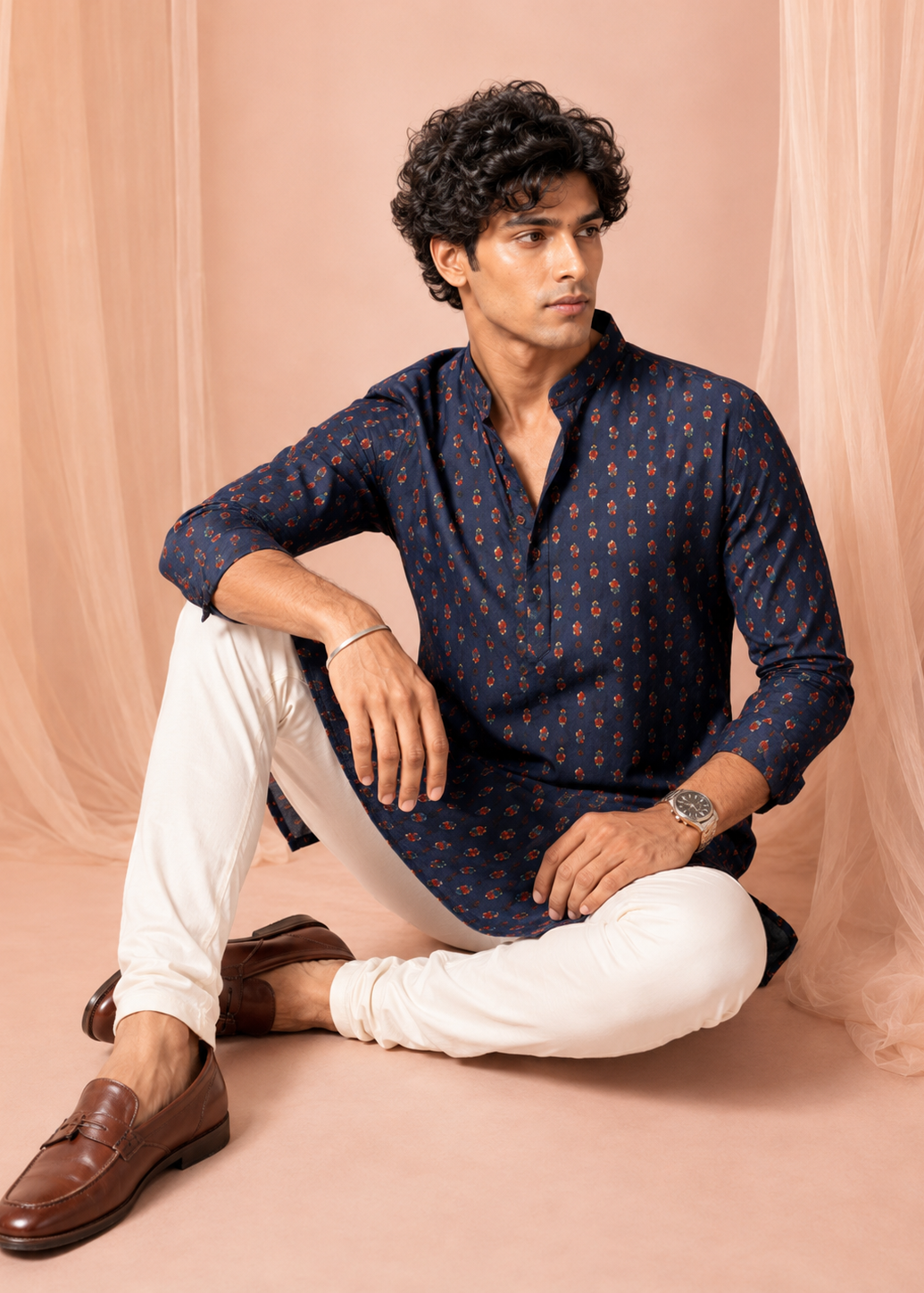 Navy Buti Printed Kurta Trouser Set