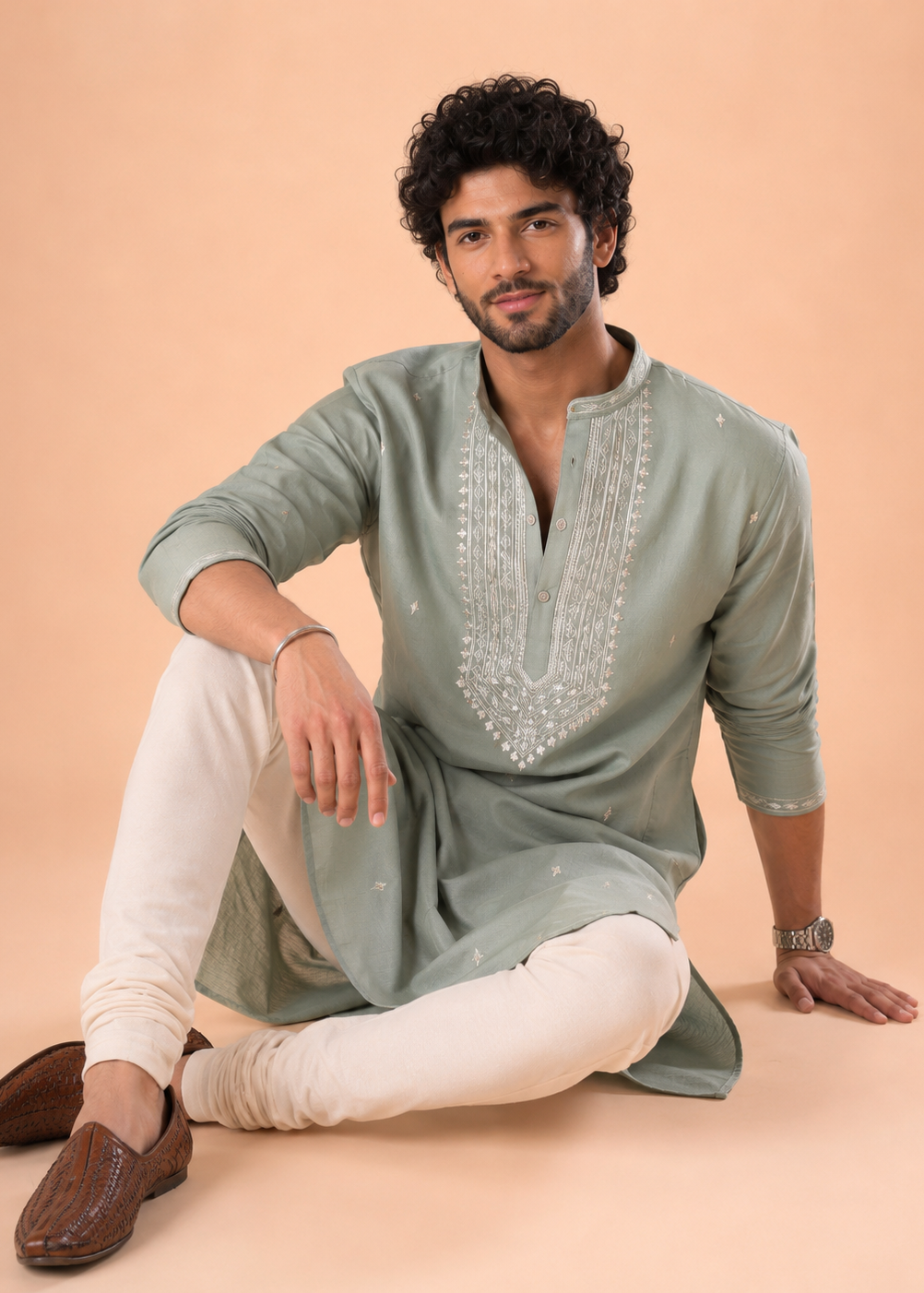 Sage Green Cotton Blend Embroidered Kurta Churidar Set
