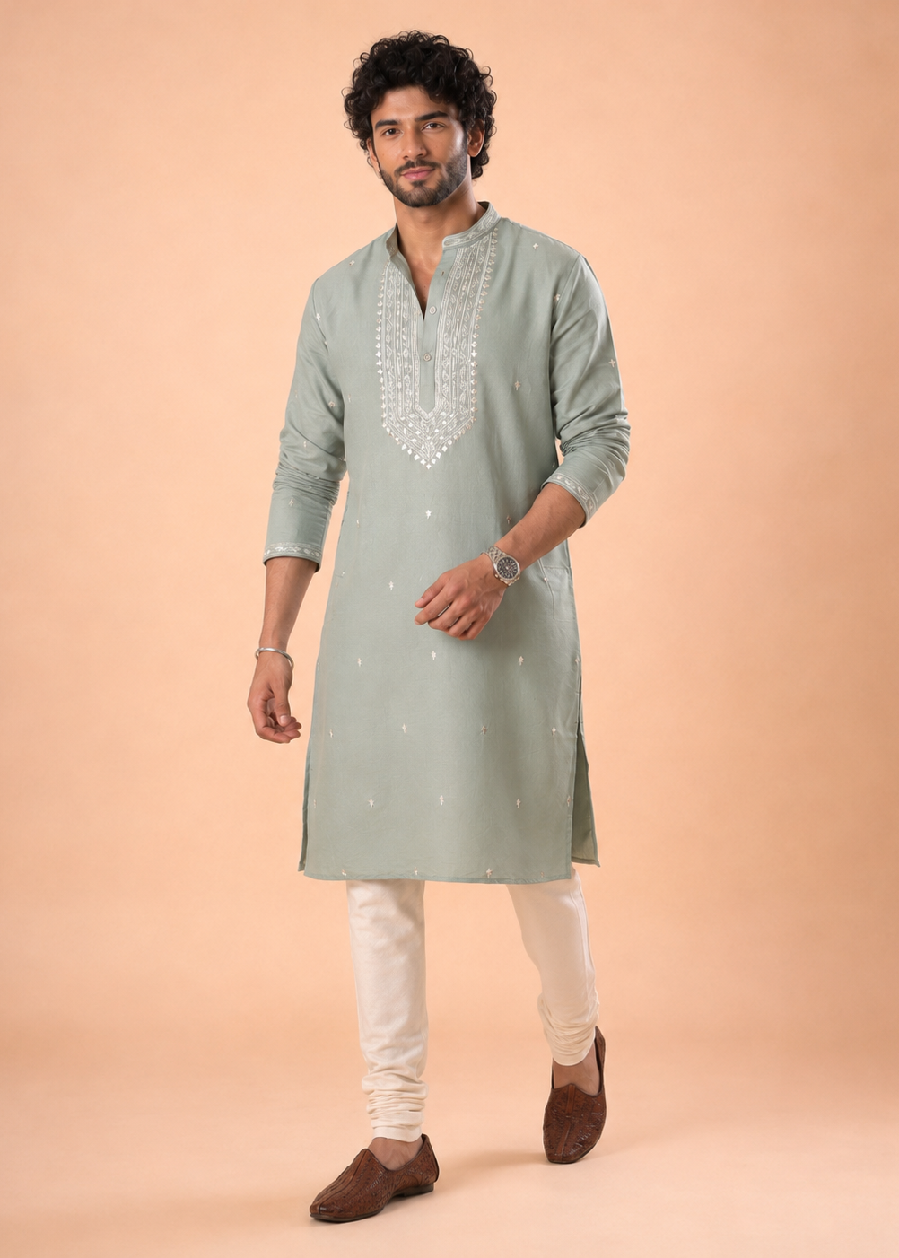 Sage Green Cotton Blend Embroidered Kurta Churidar Set