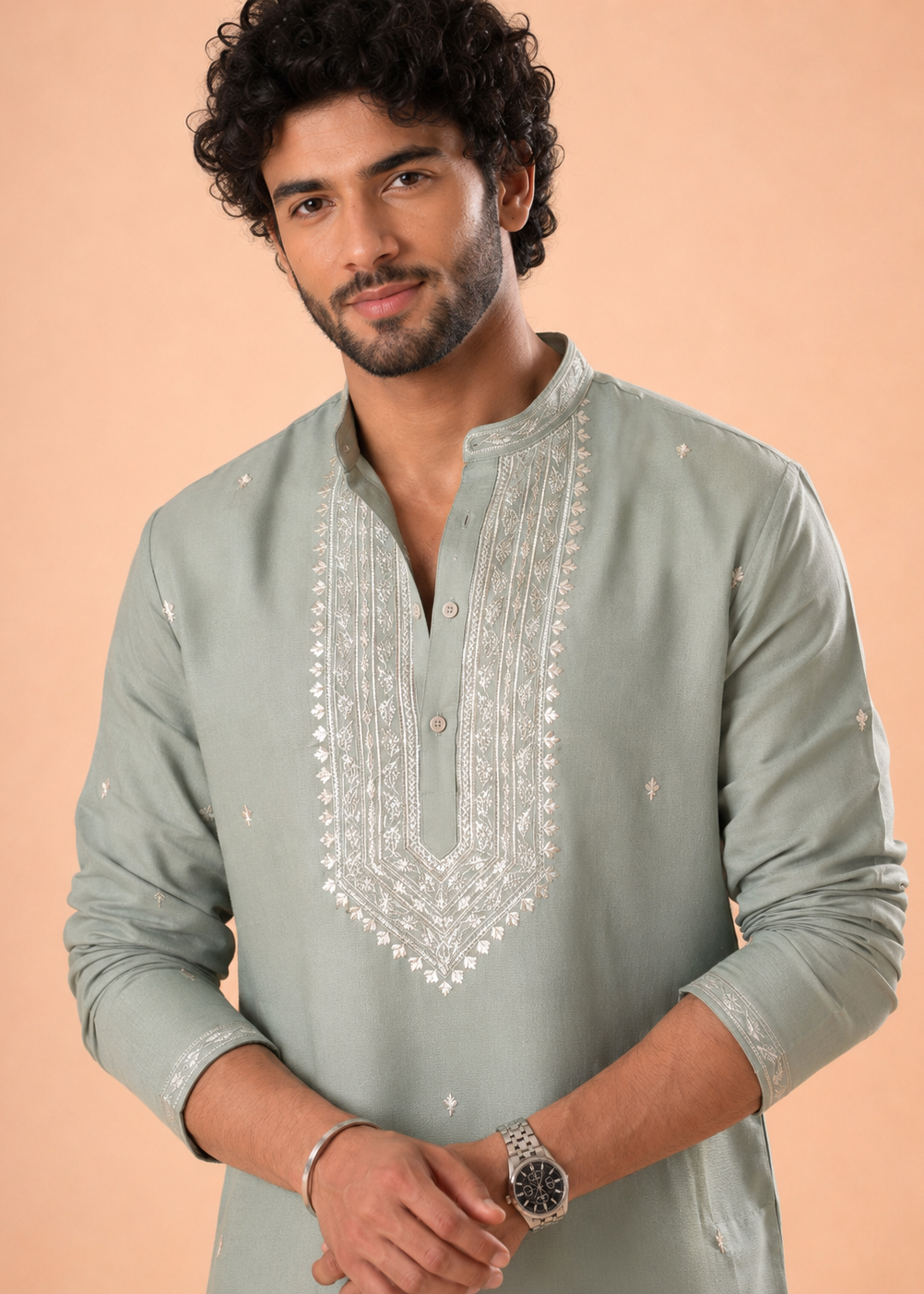 Sage Green Cotton Blend Embroidered Kurta Churidar Set