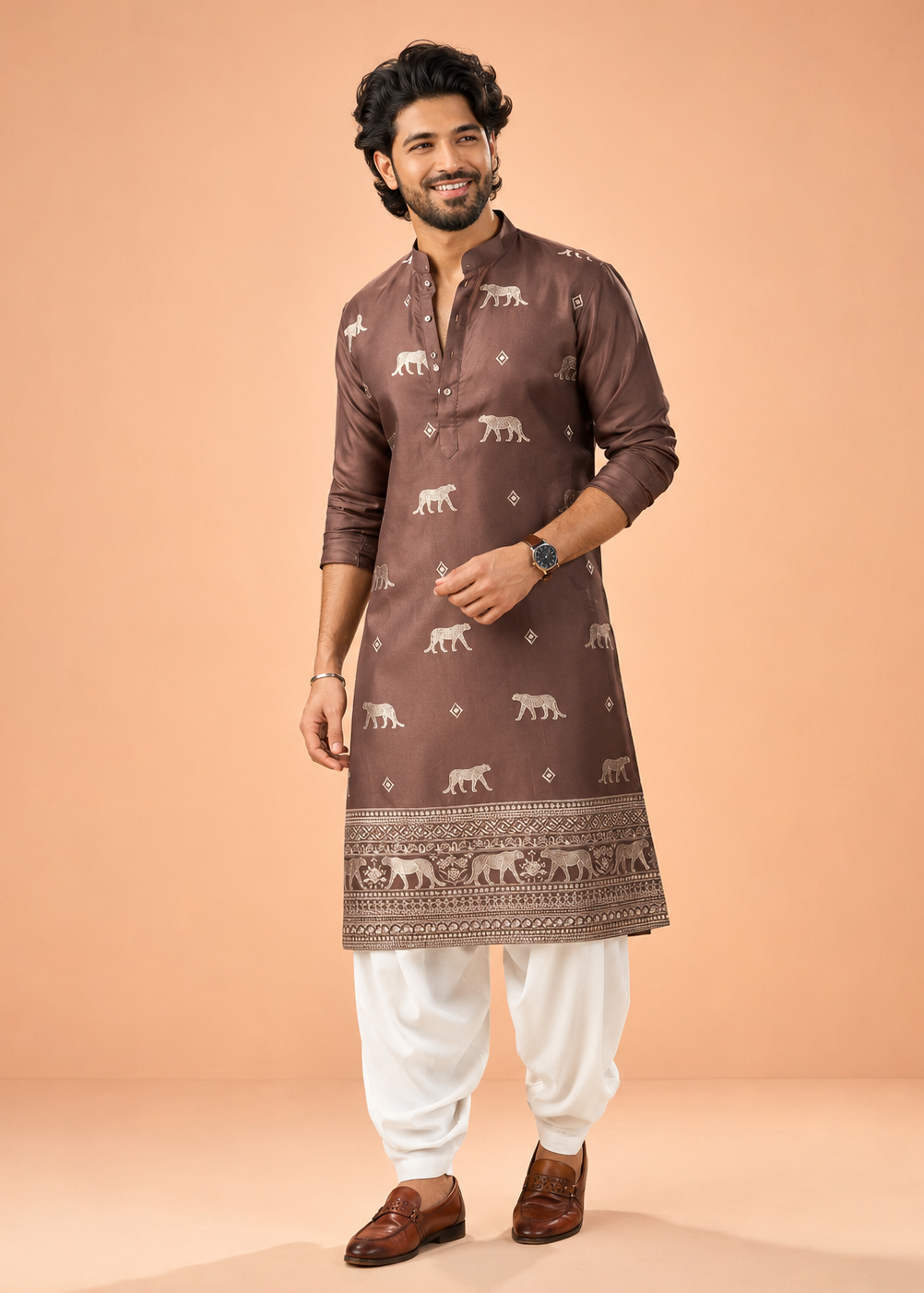 Brown Kurta Trouser with Animal Motif Embroidery