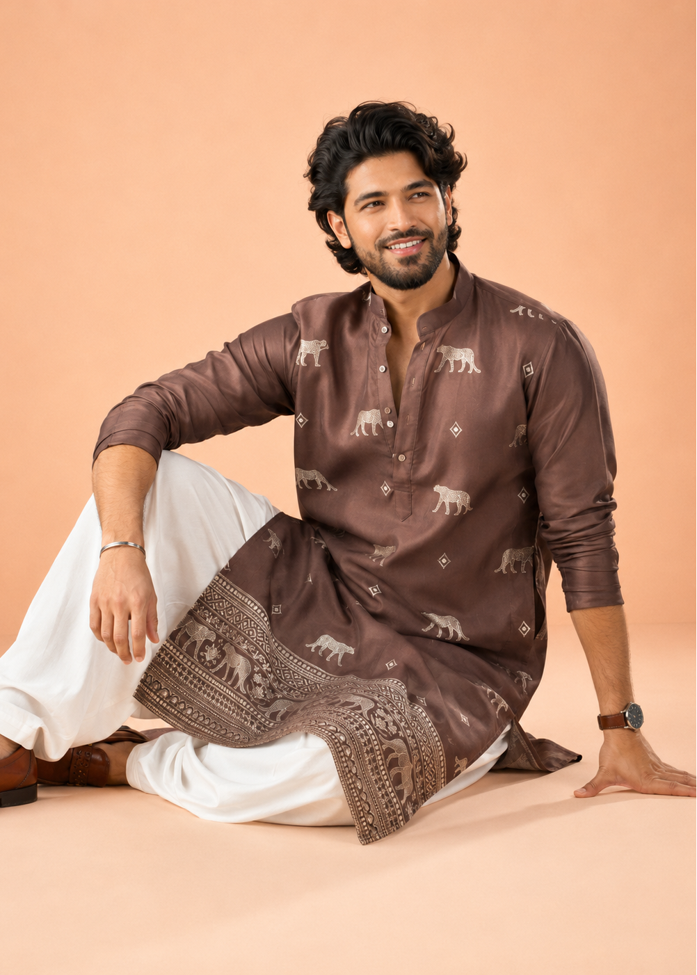 Brown Kurta Trouser with Animal Motif Embroidery