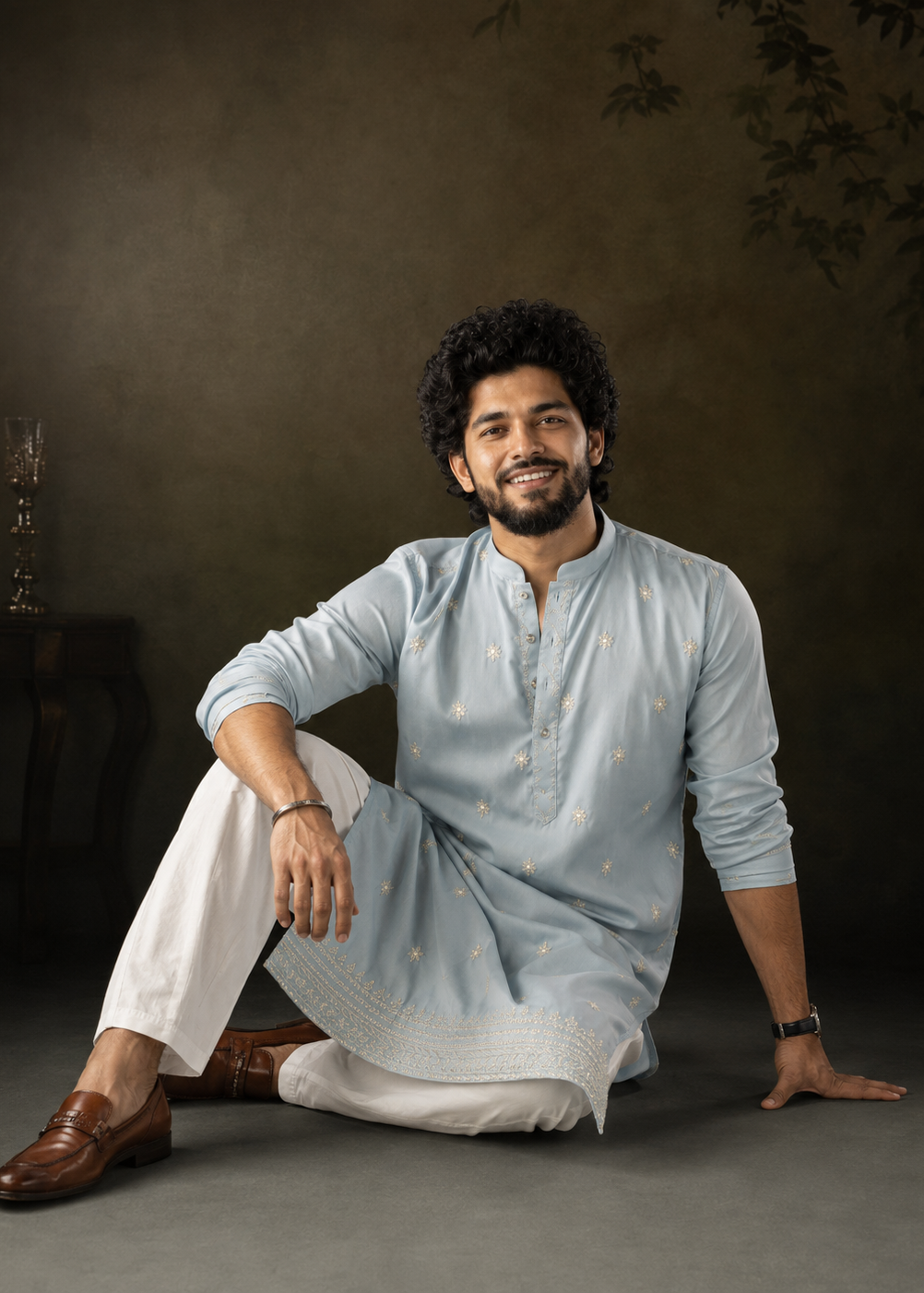Ice Blue Kurta Trouser with Delicate All-Over Embroidery