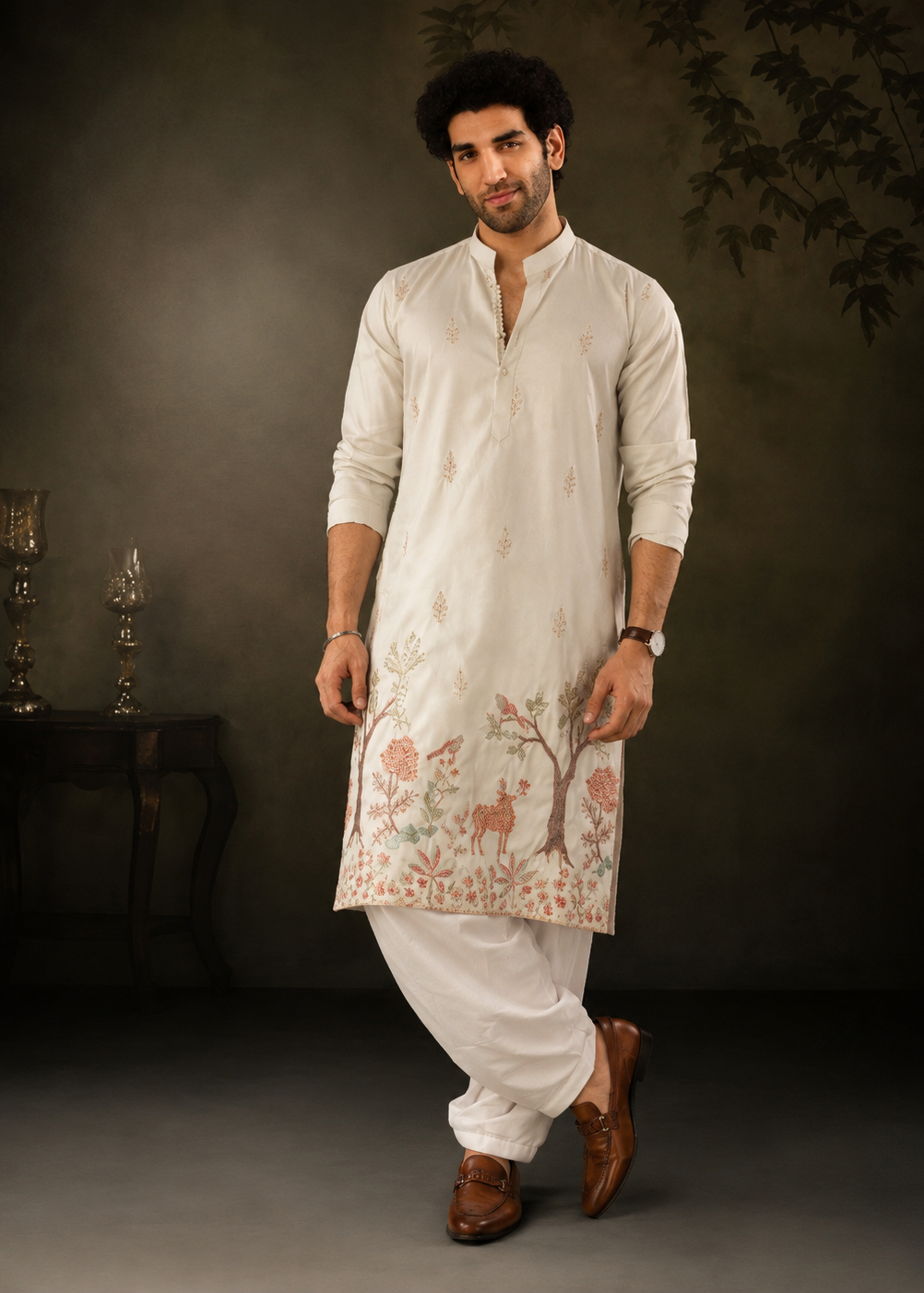 Light Green Botanical & Wildlife Embroidered Festive Kurta Trouser Set