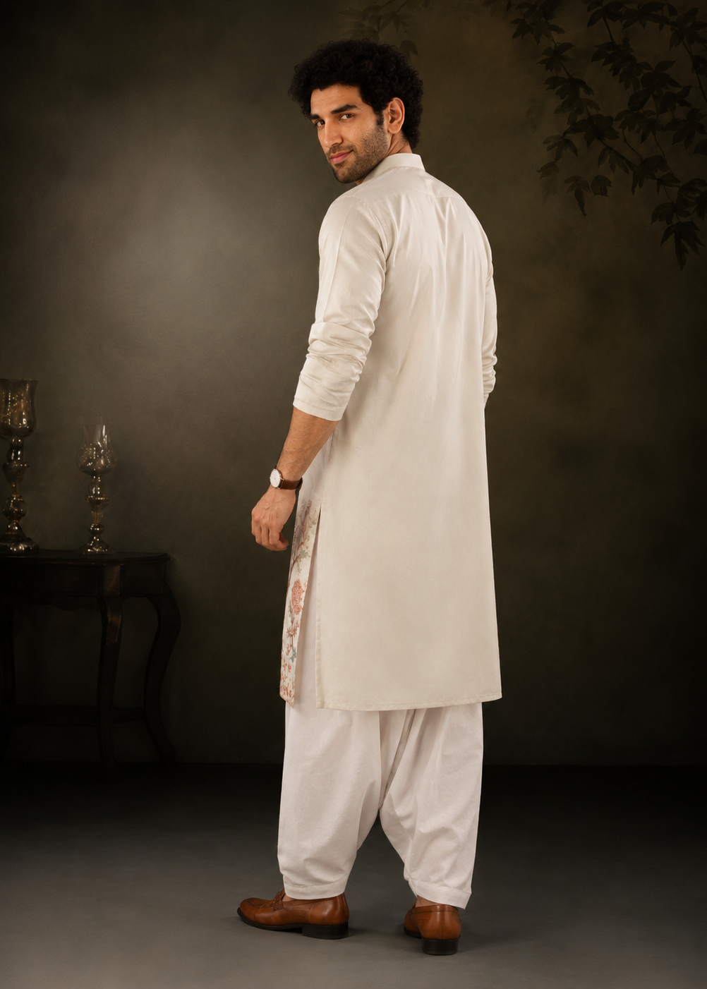 Light Green Botanical & Wildlife Embroidered Festive Kurta Trouser Set