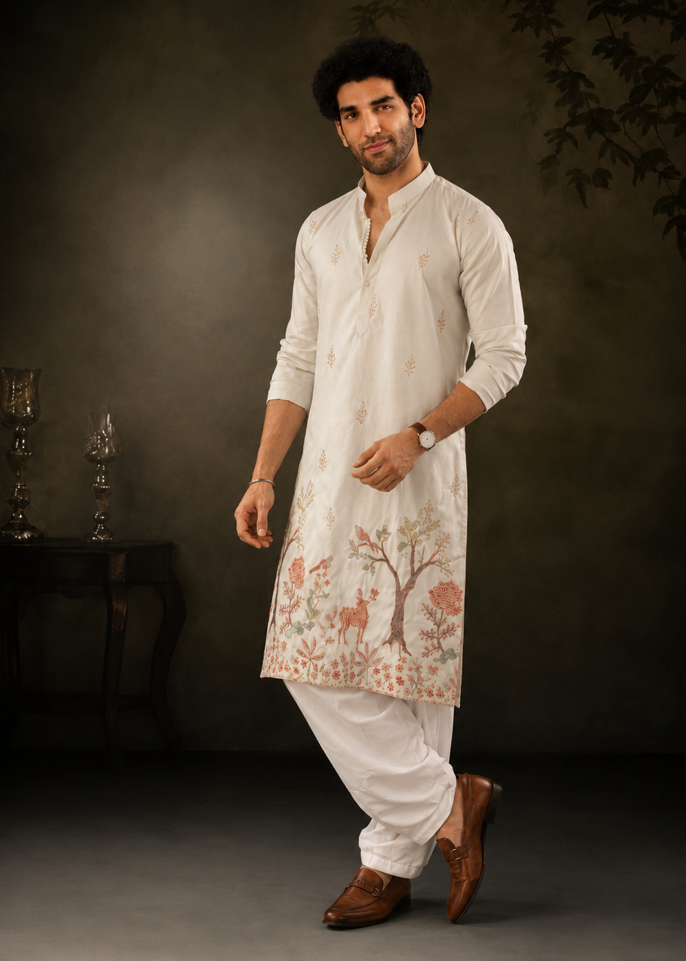 Light Green Botanical & Wildlife Embroidered Festive Kurta Trouser Set