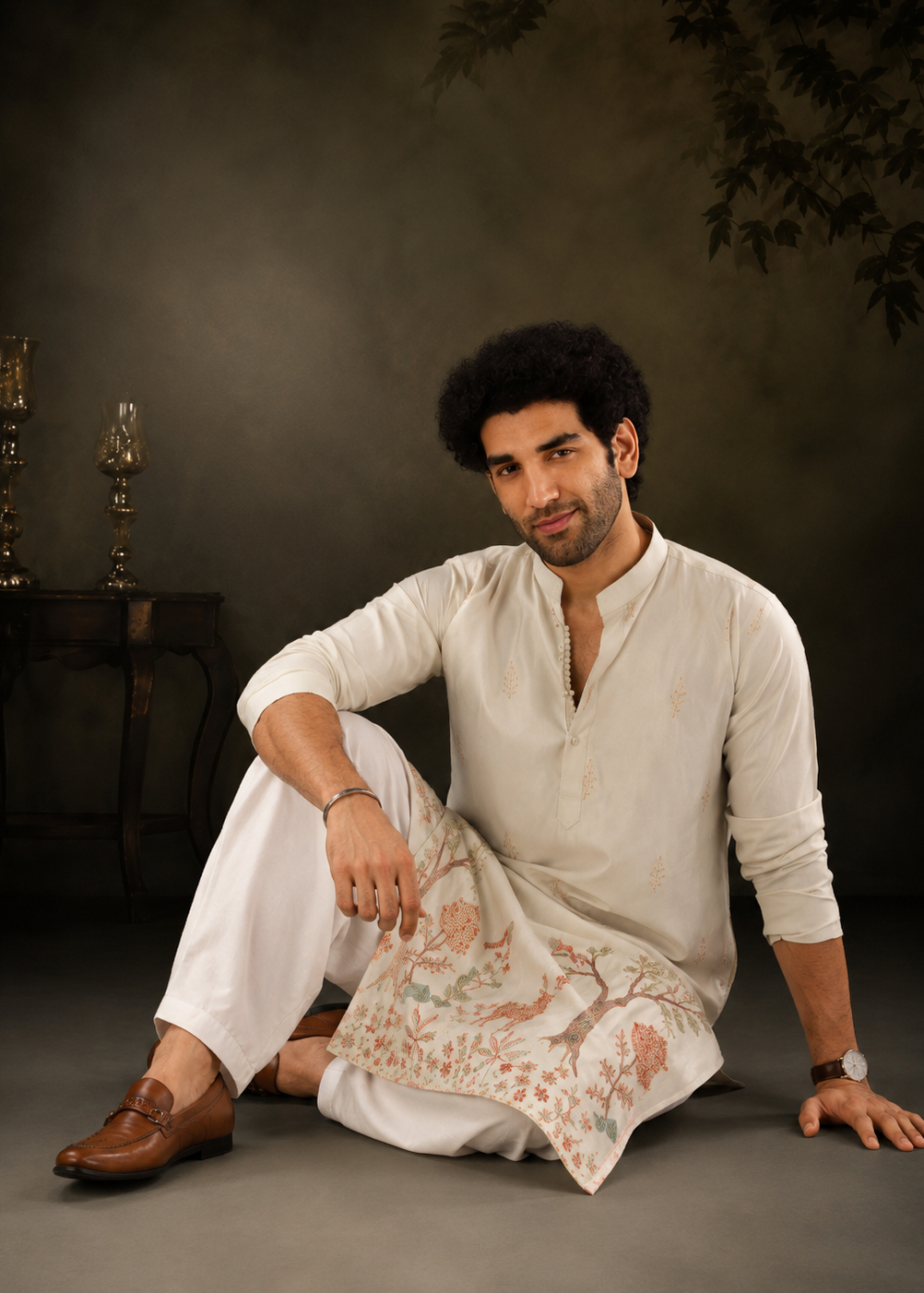 Light Green Botanical & Wildlife Embroidered Festive Kurta Trouser Set