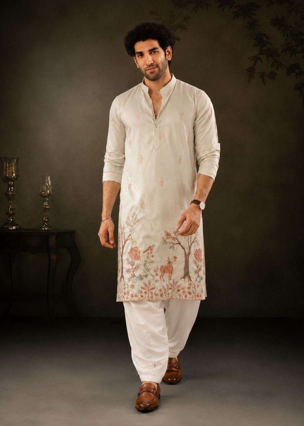 Light Green Botanical & Wildlife Embroidered Festive Kurta Trouser Set