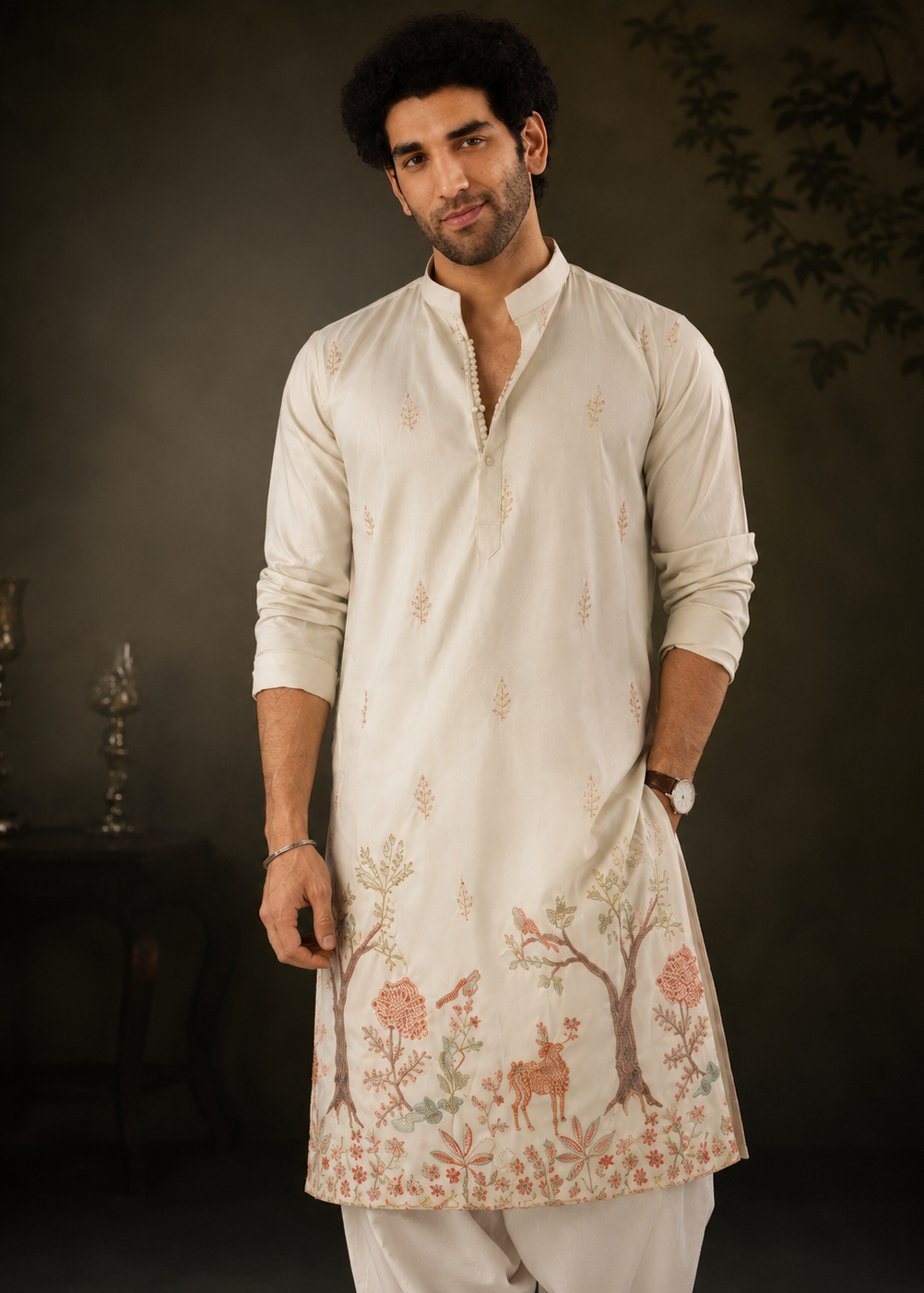 Light Green Botanical & Wildlife Embroidered Festive Kurta Trouser Set