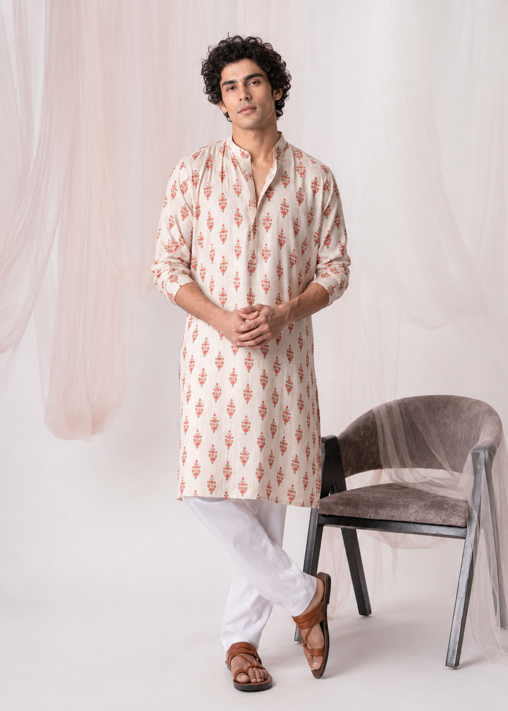 Off-White Floral Festive Kurta Trouser Set